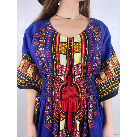 vintage 70s Royal Blue ANGEL SLEEVE DASHIKI s/m/l maxi dress ethnic kaftan bold - Picture 5 of 10